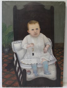Folk Art oil on canvas of a young child holding spools of - unframed 42"x30"