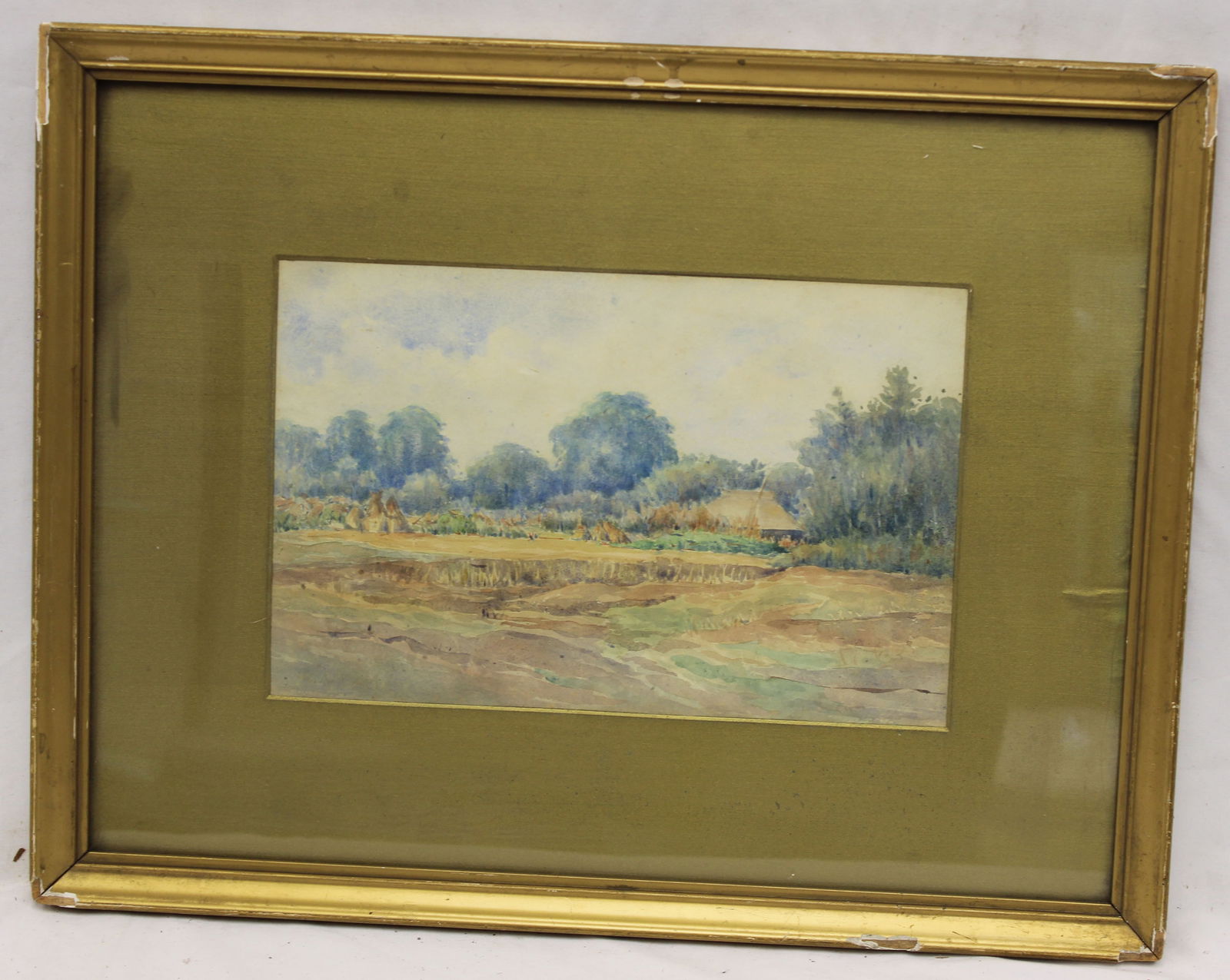 Unsigned watercolor landscape with house & teepees - overall framed size 16 1/2"x21" (1 of 8)
