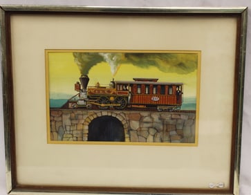 Signed Steven C Ryan watercolor of a train engine & caboose with conductor - overall framed size