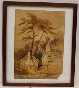 Unsigned watercolor of a stone cottage - overall framed size 17"x15"