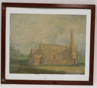 Unsigned watercolor of a church - overall framed size 15"x17"