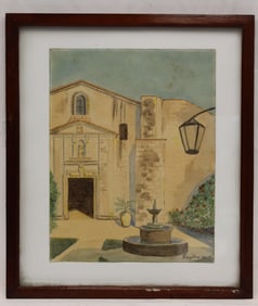 Signed Gayton watercolor of a home with fountain dated '50 - overall framed size 17"x14 3/4"