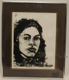 Pencil signed Yarnsworth monotint portrait of a woman dated 12/12/78 - overall framed size 17"x14"