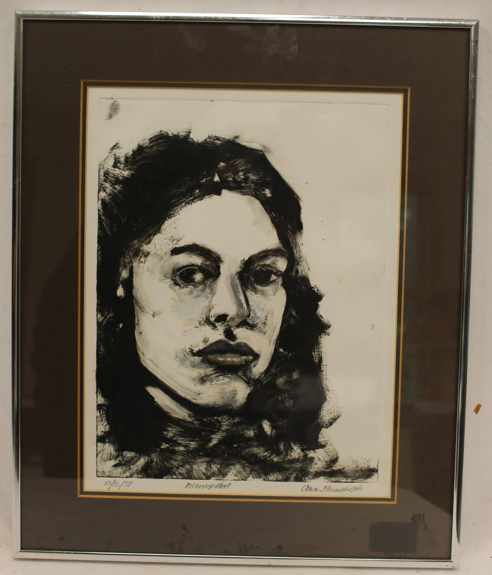 Pencil signed Yarnsworth monotint portrait of a woman dated 12/12/78 - overall framed size 17"x14": Pencil signed Yarnsworth monotint portrait of a woman dated 12/12/78 - overall framed size 17"x14"
