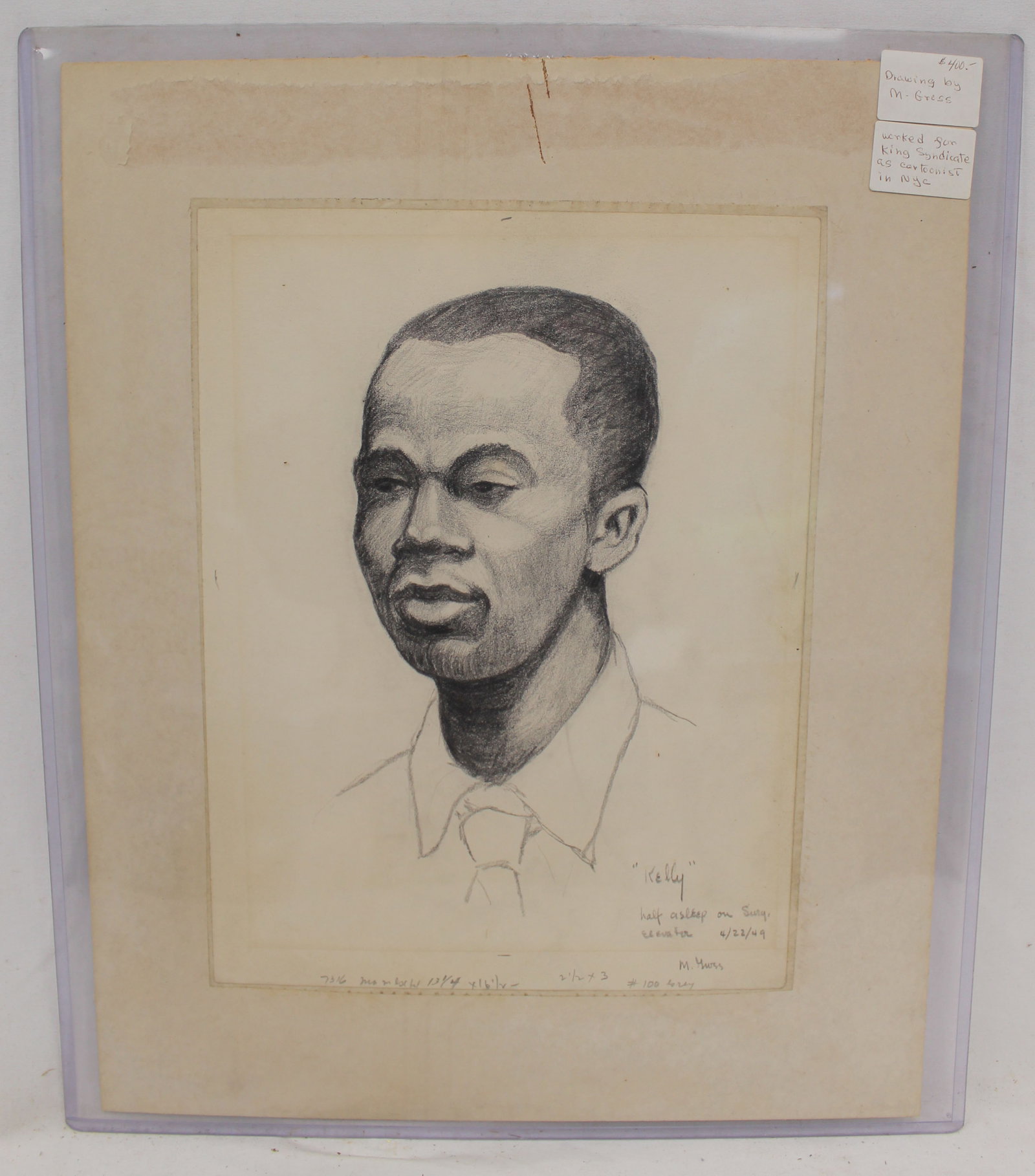 Signed Milt Gress pencil drawing of a man titled "Kelly" dated 4/22/49 - overall matte size 16: Signed Milt Gress pencil drawing of a man titled "Kelly" dated 4/22/49 - overall matte size 16 1/2"x13 1/4"