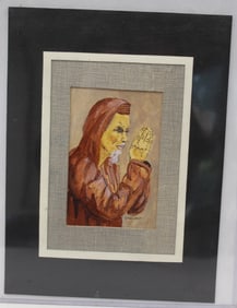 Signed M. Lewis M. Lewis Croissant watercolor inscribed on verso "Brown Robbed (sp) Buddhist of S.
