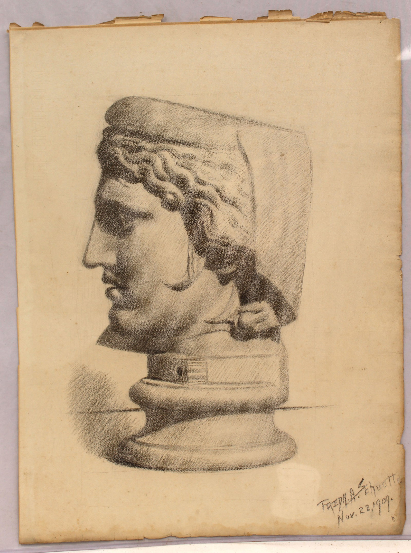 Signed illegibly and dated 1909 charcoal drawing a Greek or Roman bust - unframed 24"x18": Signed illegibly and dated 1909 charcoal drawing a Greek or Roman bust - unframed 24"x18"