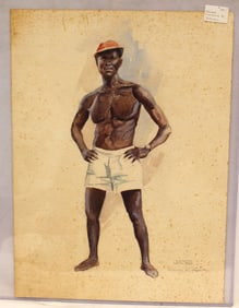 Signed Eleanora M. Johnson watercolor of a man in swim trunks & baseball hat titled "James" -
