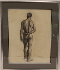 Unsigned John S. deMartelly charcoal drawing of a nude male rear facing with letter of authenticity
