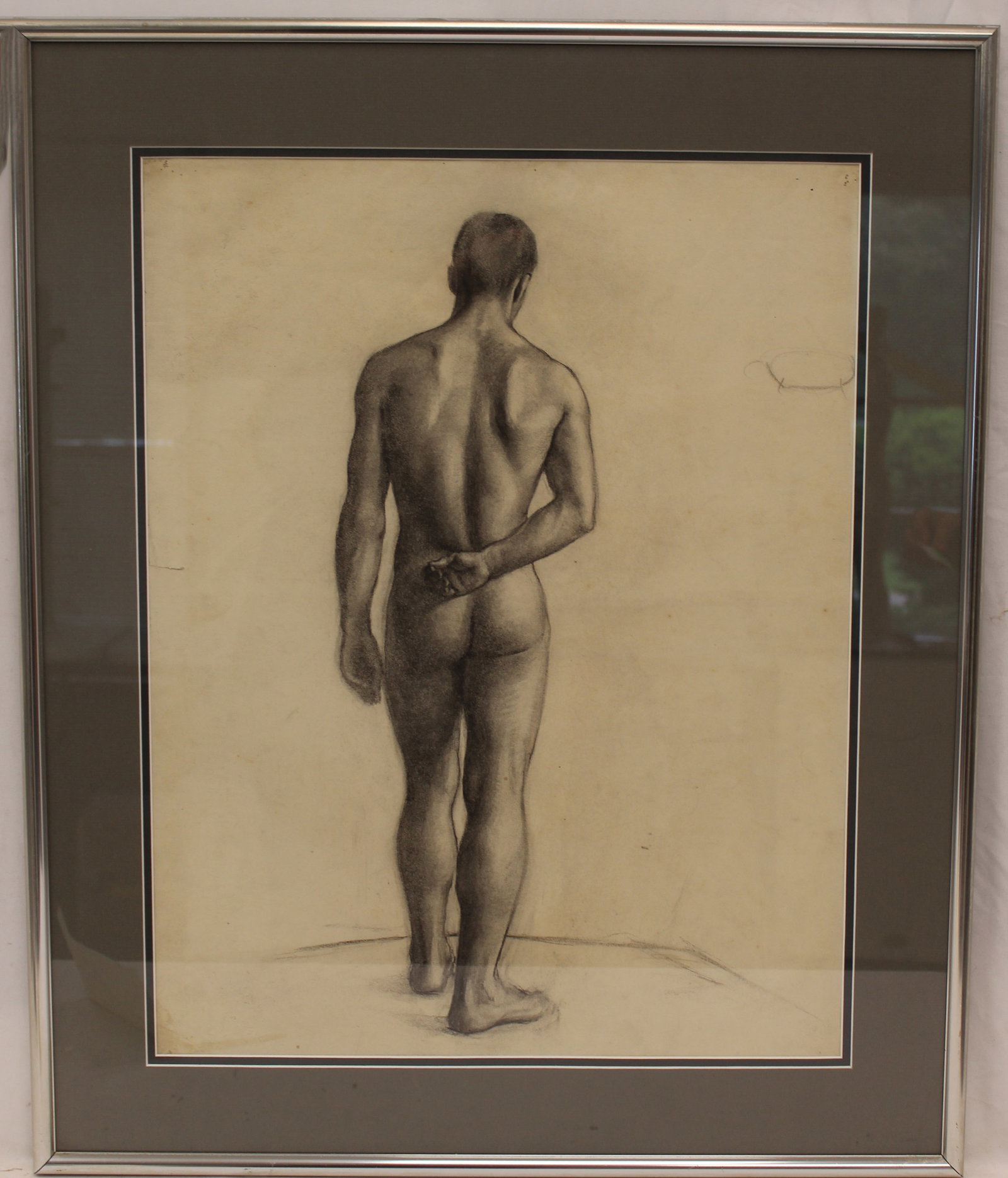 Unsigned John S. deMartelly charcoal drawing of a nude male rear facing with letter of authenticity: Unsigned John S. deMartelly charcoal drawing of a nude male rear facing with letter of authenticity from the artist's son. - overall framed size 30 1/4"x25"
