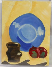 Unsigned oil on artist board still life of charger, mug & fruit - unframed - 12"x9"