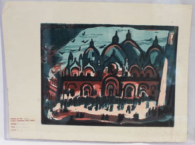Unsigned linocut titled "San Marco" - unframed - 16"x21 1/2"