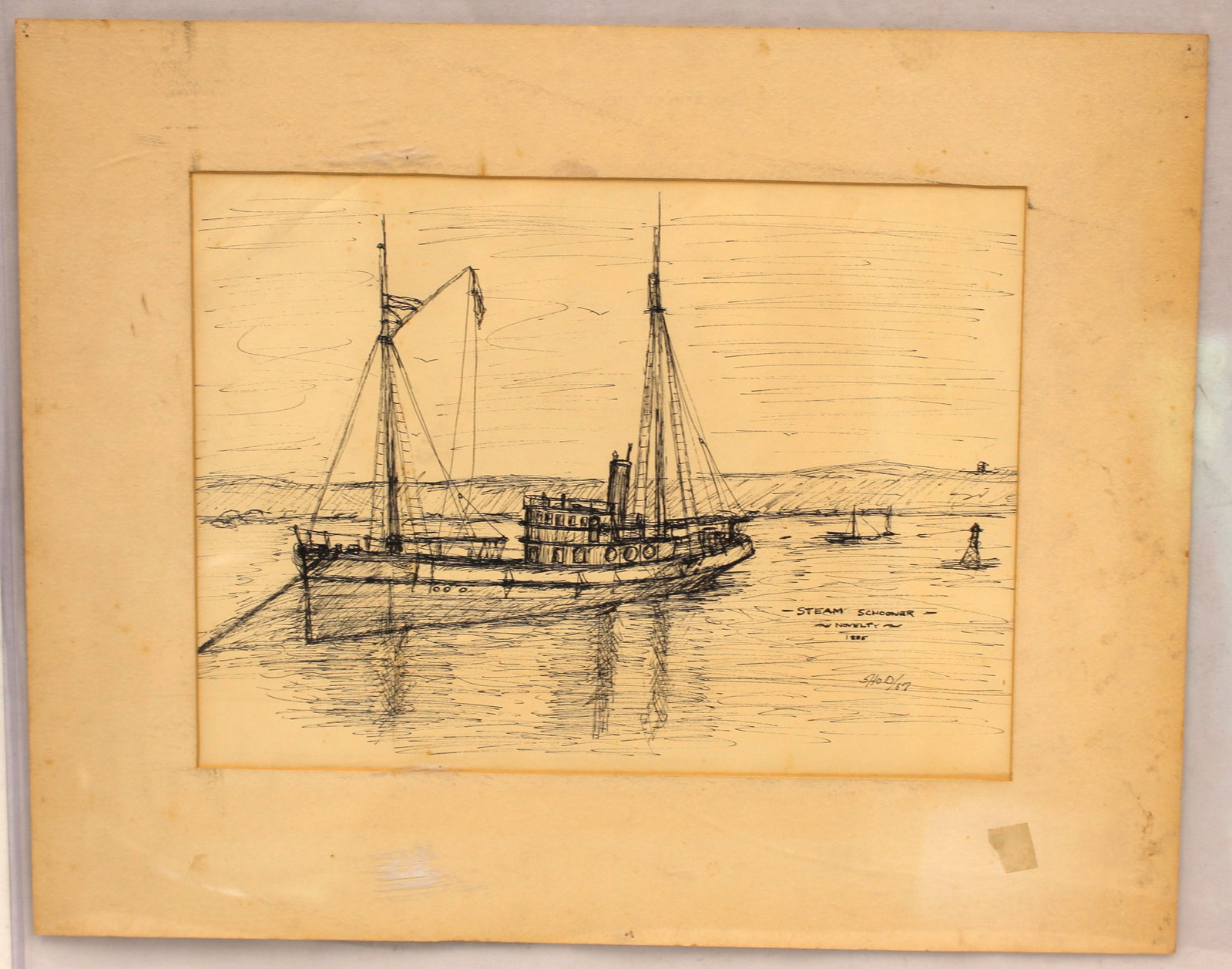 Signed EFO Dwyer ink drawing titled "Steam Schooner - Novelty - 1895" dated '67 - unframed - matted: Signed EFO Dwyer ink drawing titled "Steam Schooner - Novelty - 1895" dated '67 - unframed - matted 14 1/2"x18"
