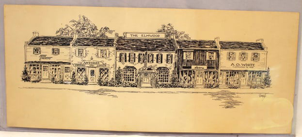 Initialed EMJ ink & gouache drawing of "The Elmwood" shoppes - unframed - 8"x19 1/4"