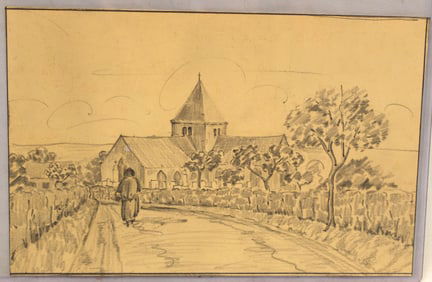 Unsigned pencil drawing of a church in landscape with a figure walking - unframed - 6 3/4"x10 1/2"