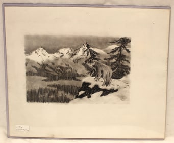 Unsigned charcoal drawing mountain landscape with wolf - unframed - 14"x17"