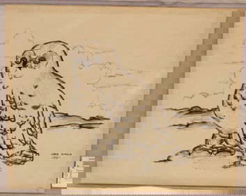 Signed Eddie Omnik ink & wash drawing of an owl dated '72 - unframed - 11"x13 3/4"