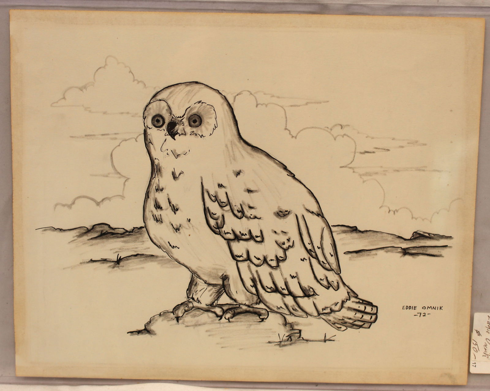 Signed Eddie Omnik ink & wash drawing of an owl dated '72 - unframed - 11"x13 3/4" (1 of 6)