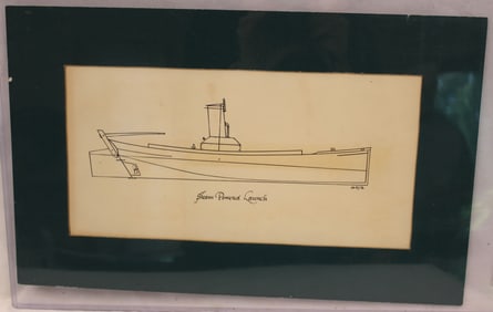 Initialed ink drawing of a boat titled "Steam Powered Launch" dated '70 - unframed - matted 11"x17