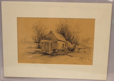 Signed BC Smith Ogunquit, ME pencil drawing of a beach house dated Aug '22 - unframed - matted 12
