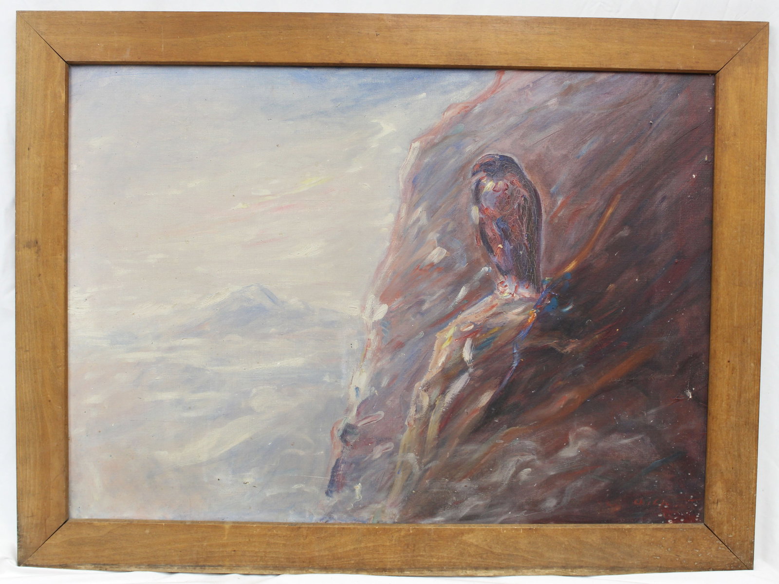 Signed illegibly oil on canvas of a falcon on a mountain - overall framed size 31 1/4"x41": Signed illegibly oil on canvas of a falcon on a mountain - overall framed size 31 1/4"x41"