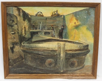 Signed illegibly oil on board of a boat with figures in a locke - overall framed size 27"x33"