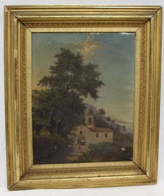 Signed illegibly oil on canvas of a church in European landscape - as found - overall framed size 25