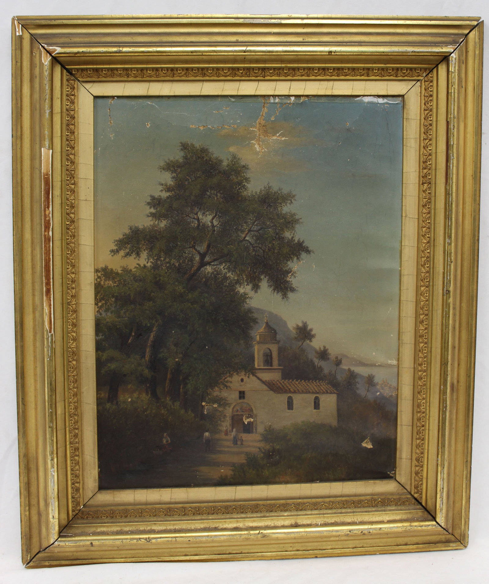 Signed illegibly oil on canvas of a church in European landscape - as found - overall framed size 25: Signed illegibly oil on canvas of a church in European landscape - as found - overall framed size 25 1/2"x21 1/2"
