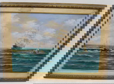 Signed F. Schneider NY oil on canvas of clippership & sailboats - overall framed size 31 3/4"x43