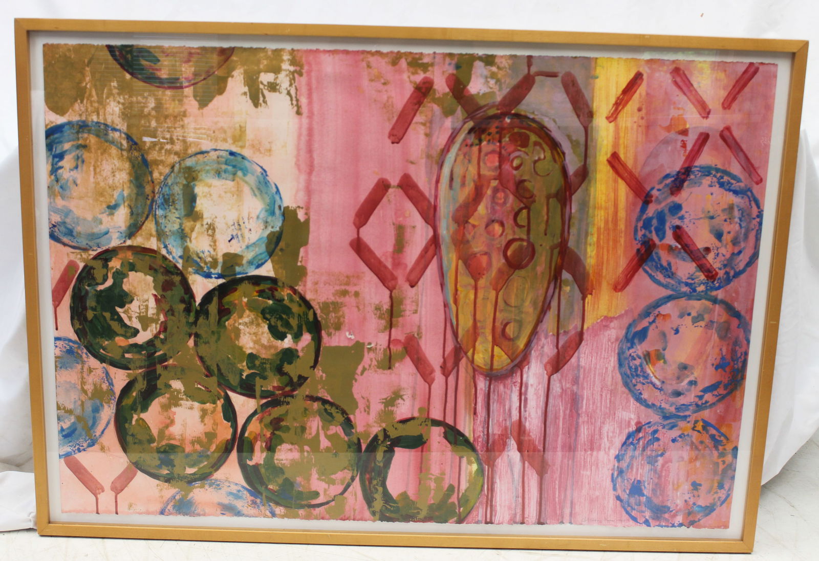 Signed Karen Moss watercolor abstract dated 1995 - overall framed size 33 1/4"x47" (1 of 7)