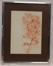 Unsigned red pencil drawing of a bearded man - overall framed size 18"x14"