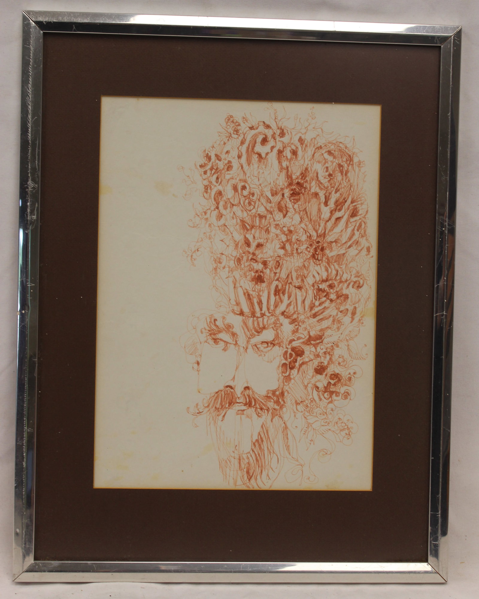 Unsigned red pencil drawing of a bearded man - overall framed size 18"x14": Unsigned red pencil drawing of a bearded man - overall framed size 18"x14"