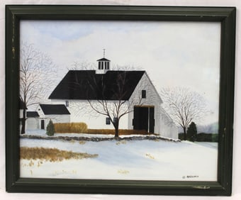 Signed Marie Luise acrylic on masonite winter scene w barn - overall framed size 18 1/2"x22 1/2"