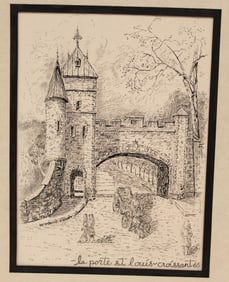 Signed M. Lewis Croissant ink drawing titled "Laporte St Louis Quebec" dated '65 - unframed - matted