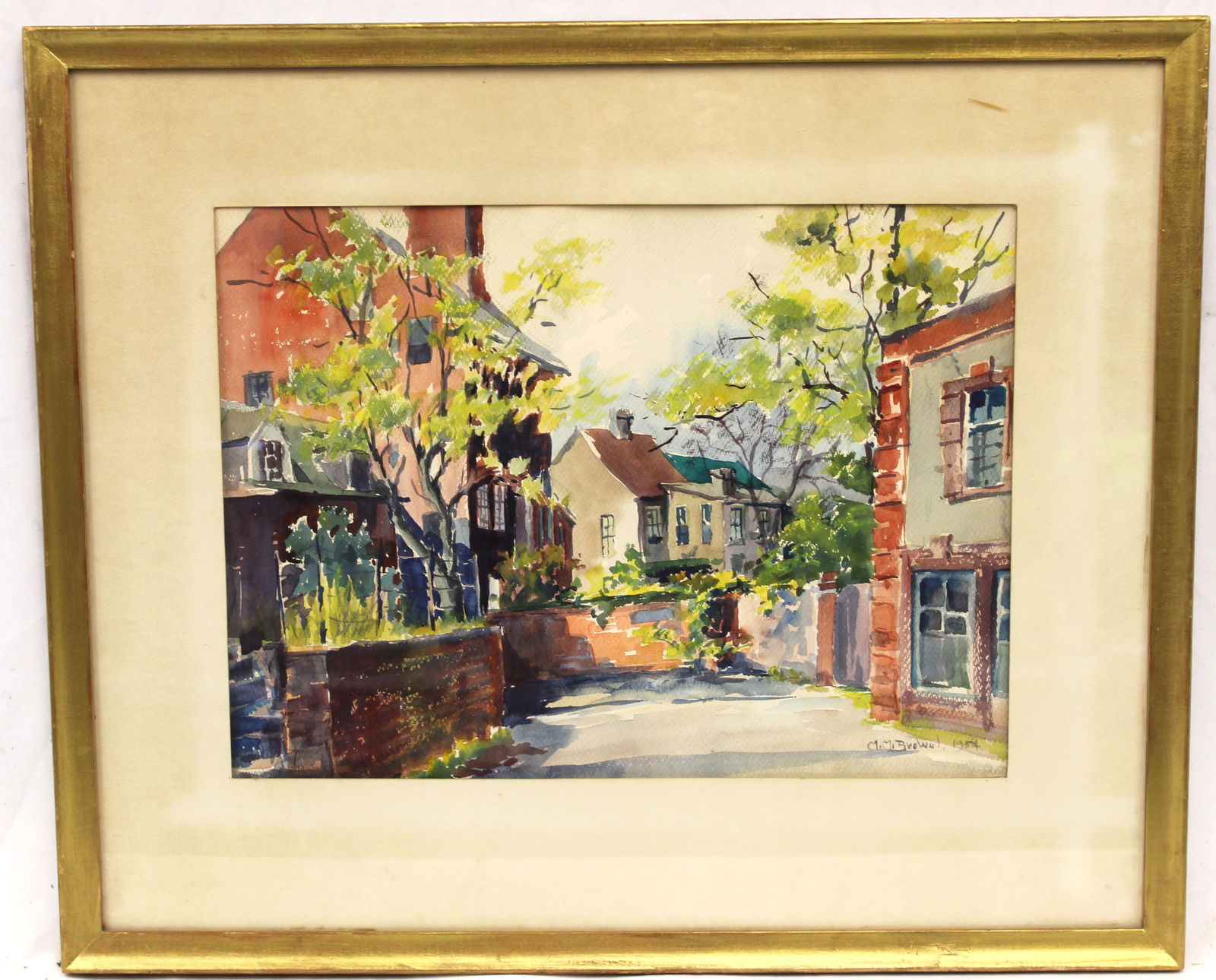 Signed M.M. Brown watercolor street scene with houses dated 1954 - overall framed size 22 1/2"x27" (1 of 6)