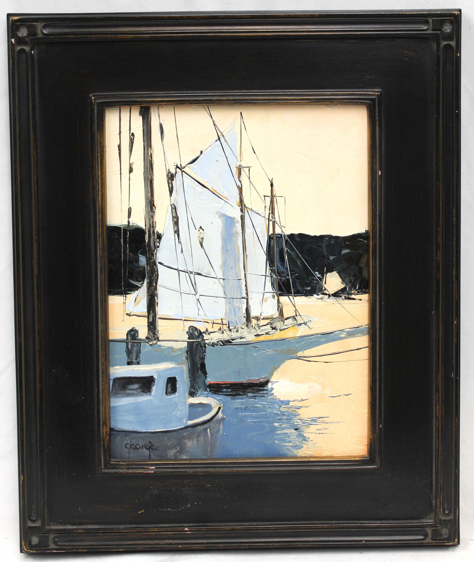 Signed George oil on board dock scene w boats - overall framed size 17 1/2"x14 1/2" (1 of 7)