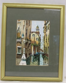 Signed illegibly dated '91 modern watercolor Venetian canal scene - overall framed size 15 1/2"x12