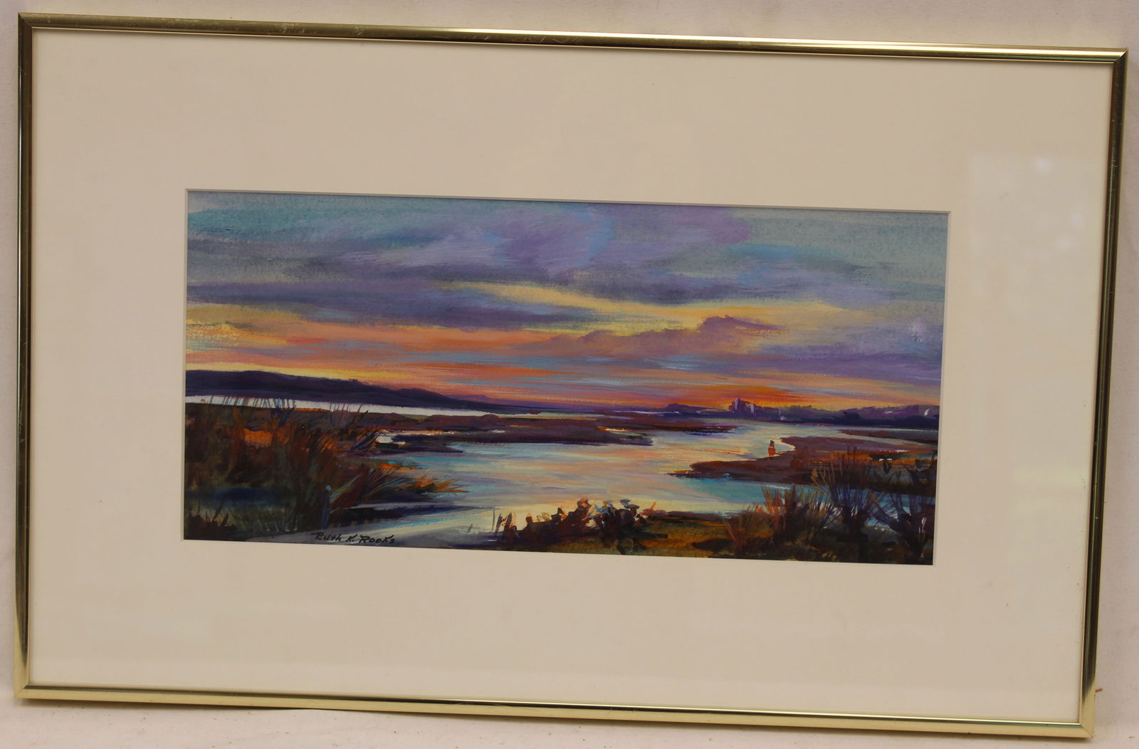 Signed Ruth K Rooks watercolor beach scene at sunset - overall framed size 12 3/4"x20 1/4" (1 of 7)