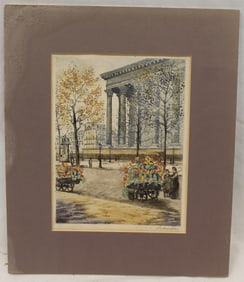 Pencil signed (illegibly) hand colored etching French street scene - unframed - matted 14 1/2"x12