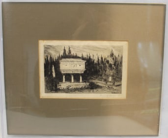Pencil signed H.S. Hooland Jr etching of a tomb - unframed - matted 14"x16 1/2"
