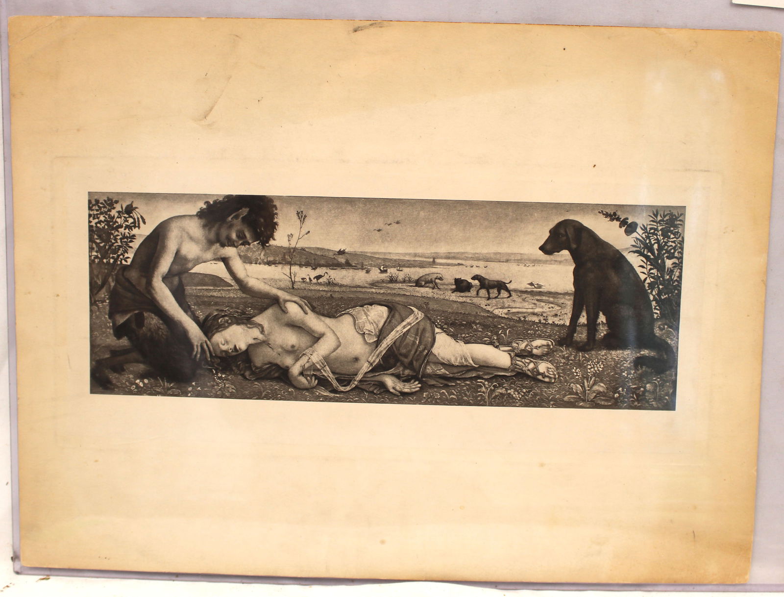 Unsigned etching of a satyr, woman & dogs - unframed - 14"x19": Unsigned etching of a satyr, woman & dogs - unframed - 14"x19"