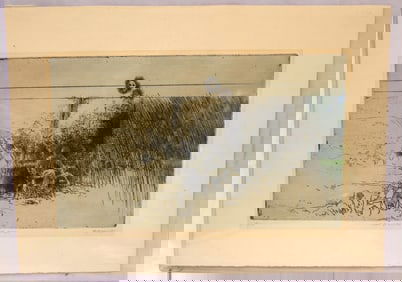 Pencil signed Birmelin etching titled "Man in a Field with Dogs" #10/12 - unframed - 13 1/2"x19"