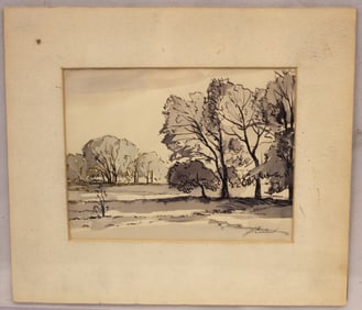Signed JH Euston watercolor & ink landscape with trees - unframed - matted 9 1/4"x10 1/2"