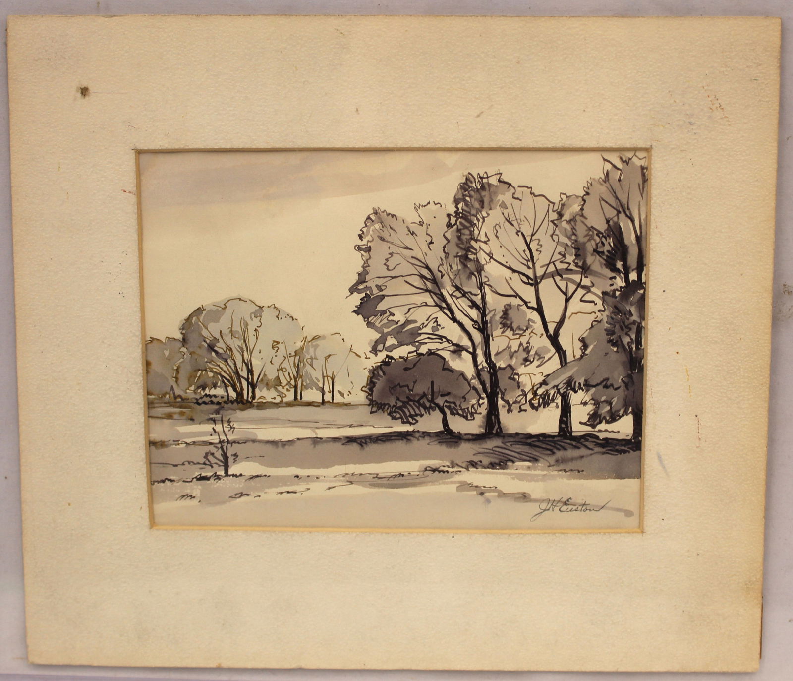 Signed JH Euston watercolor & ink landscape with trees - unframed - matted 9 1/4"x10 1/2" (1 of 6)