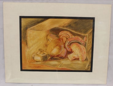 Signed M. Lewis Croissant colored pencil still life of mushrooms - unframed - matted 13 3/4"x17 3/4"