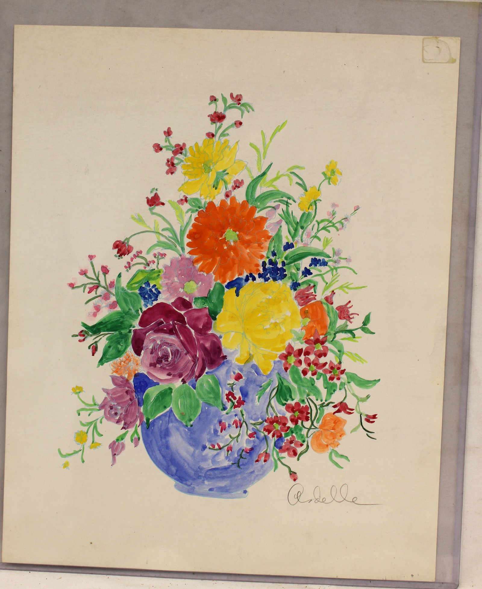 Signed Ardelle watercolor of a vase of flowers - unframed - 16"x13": Signed Ardelle watercolor of a vase of flowers - unframed - 16"x13"