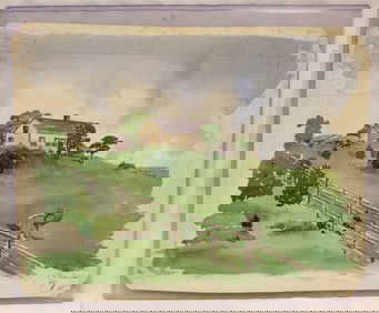 Lot of 2 unsigned watercolors of a white house in green landscape - unframed - 13"x16 3/4"