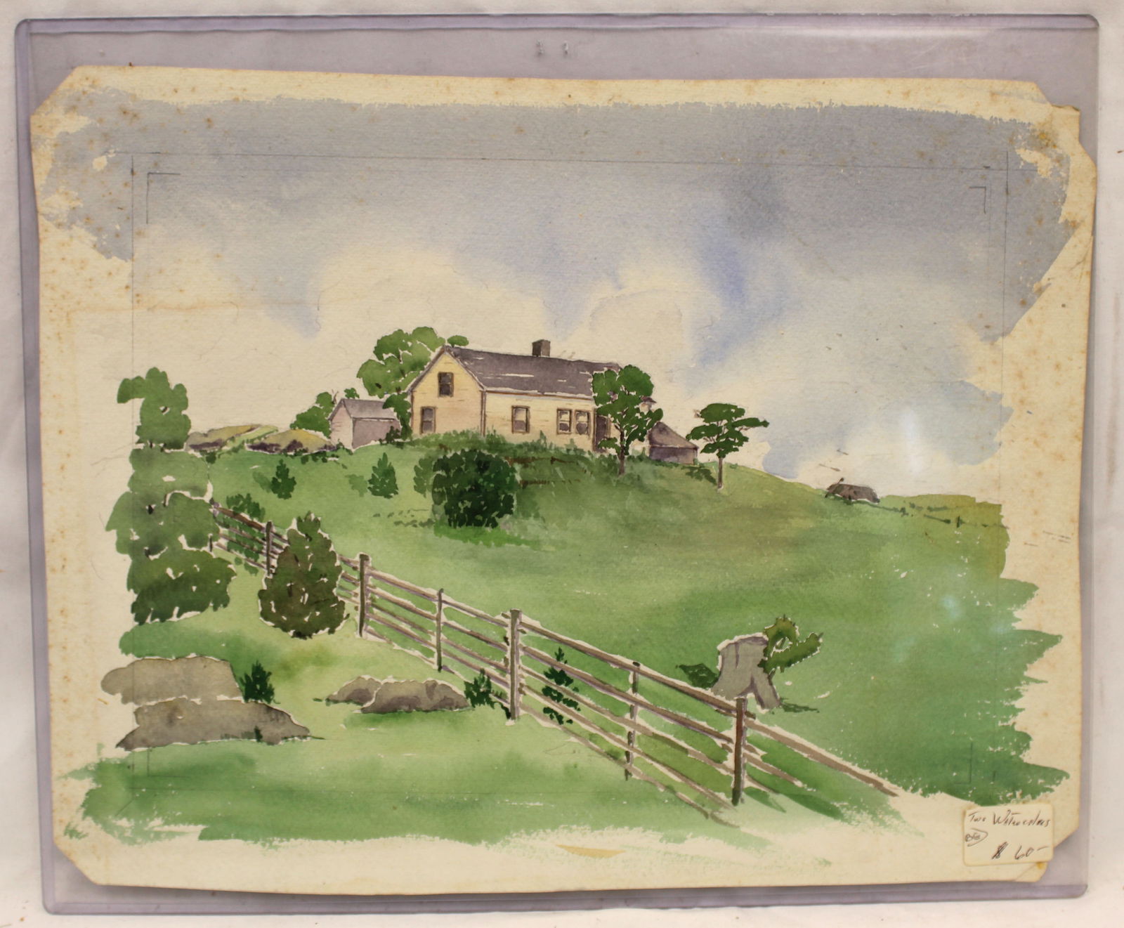 Lot of 2 unsigned watercolors of a white house in green landscape - unframed - 13"x16 3/4" (1 of 9)