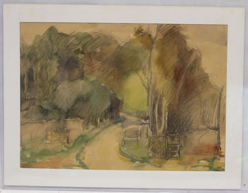 Signed P. Bille watercolor & pencil landscape w country road - unframed - matted 11 3/4"x15 1/2"