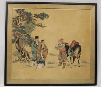 Large Asian watercolor on silk with figures & a horse - overall framed size 42"x46"